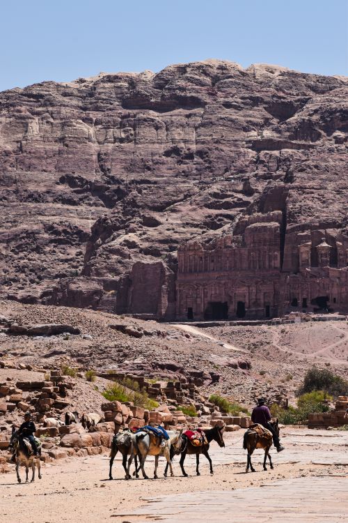 Free A group of camel riders journeys through the ancient ruins of Petra, Jordan, under the desert sun. Stock Photo