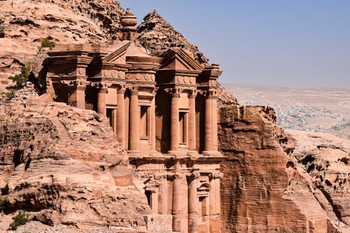 Free The stunning ancient facade of the Monastery at Petra, Jordan, beautifully carved into the rock. Stock Photo