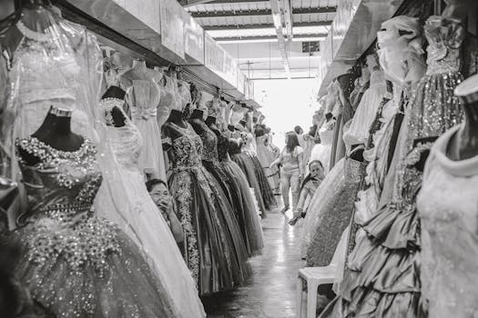 Black and white photo of a bustling bazaar aisle lined with elegant bridal gowns on display mannequins.