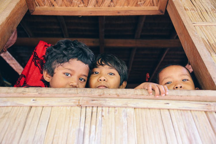 Children Peeking Through Window Opening