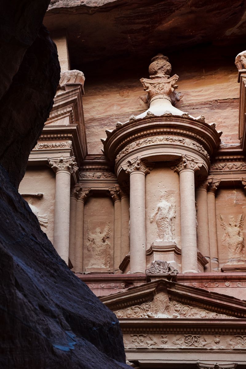 Close-up view of the iconic Treasury in Petra, Jordan, a stunning ancient architectural wonder.