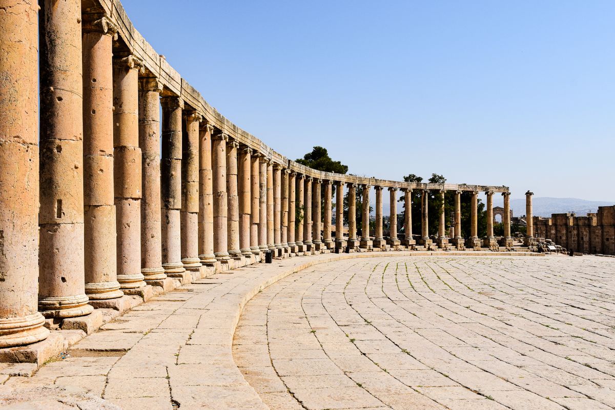 Colonnade ringing the Oval Plaza of the Roman ruins at Jerash