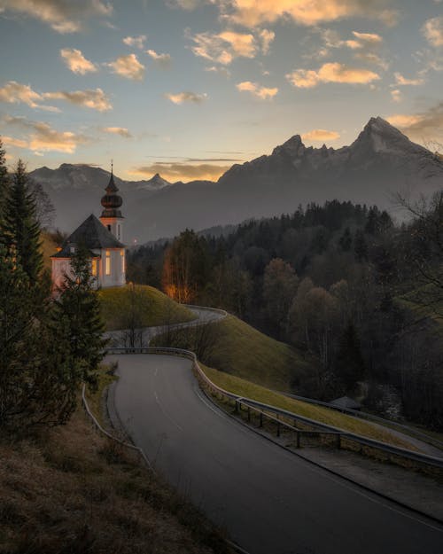 Church by Road in Mountains at Dawn