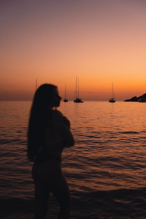 Silhouette of Woman with Long Hair on Sea Shore at Sunset