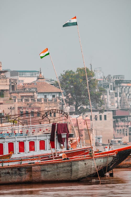 Indian flag flaying high in river boat