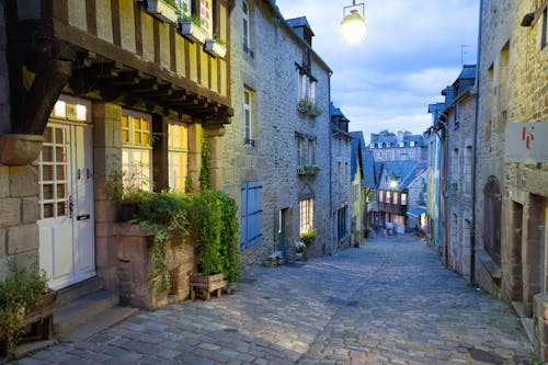 Old Town Houses in Cobblestone Street, at Dusk