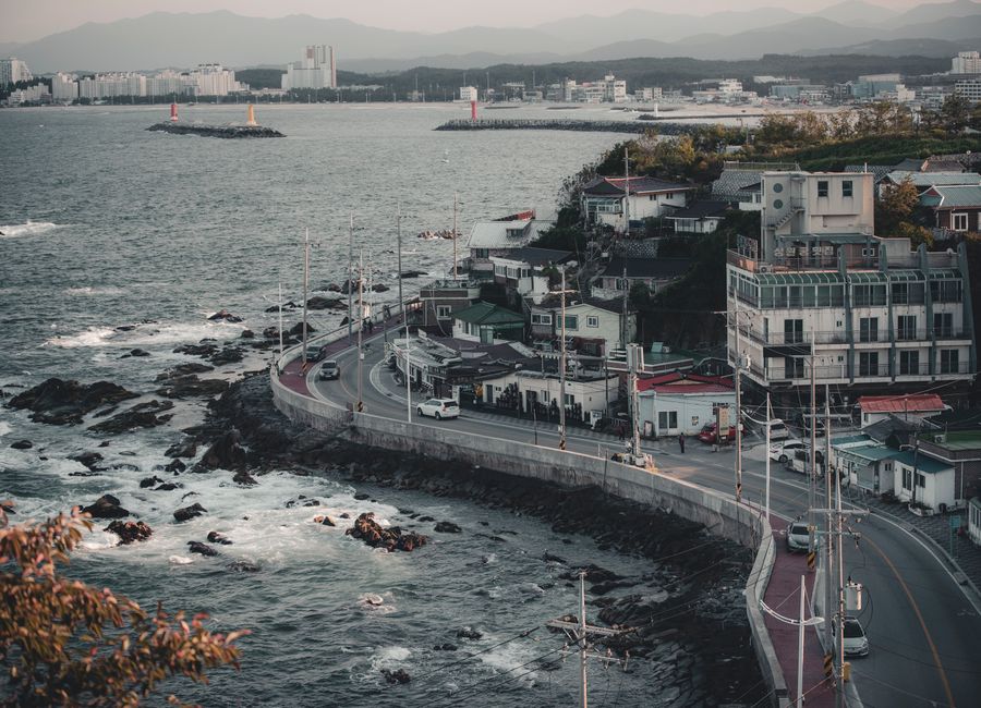Aerial view of the picturesque coastal road in Gangneung, South Korea.