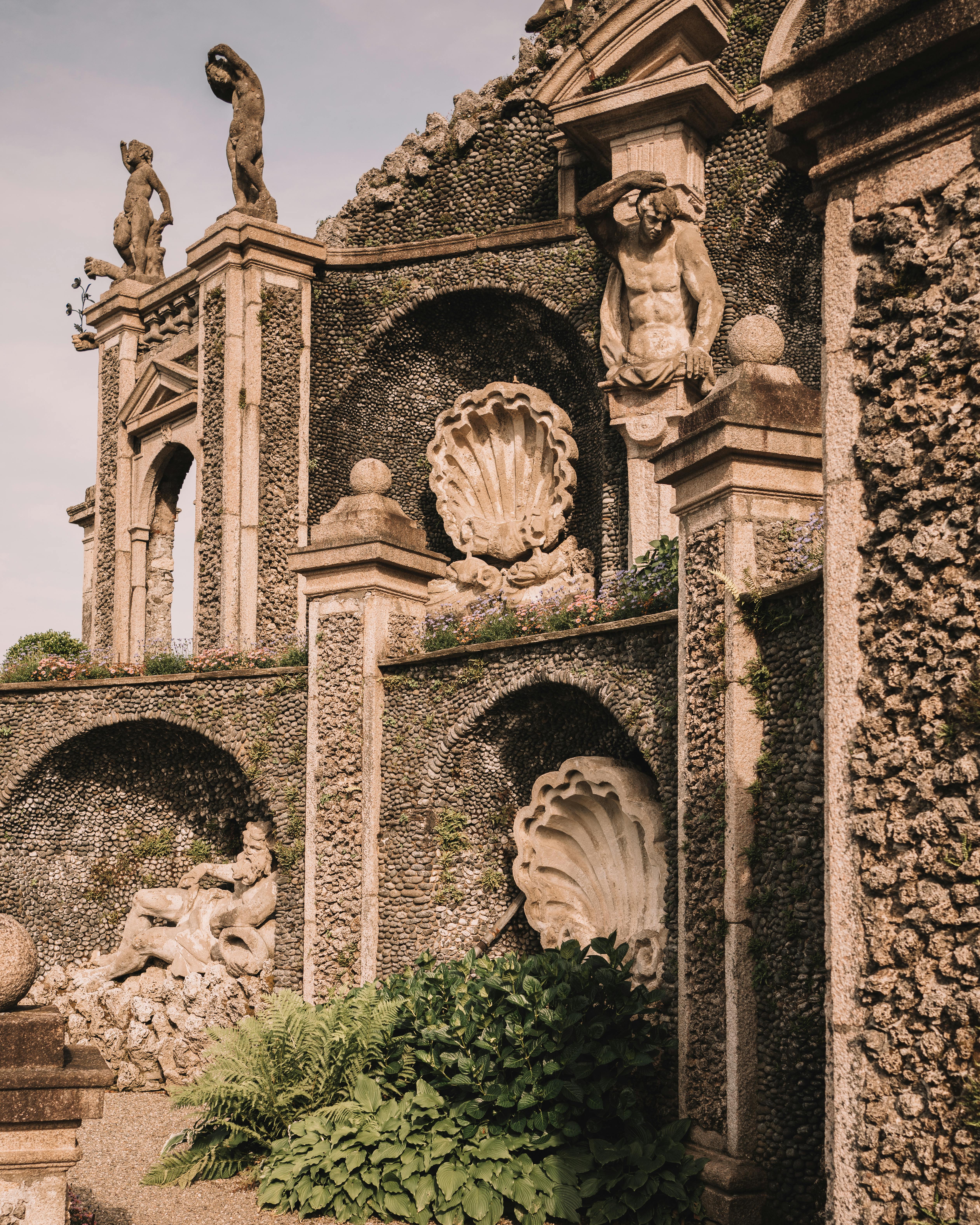 close up of carved details on a wall of the palazzo borromeo on isola bella lake maggiore italy