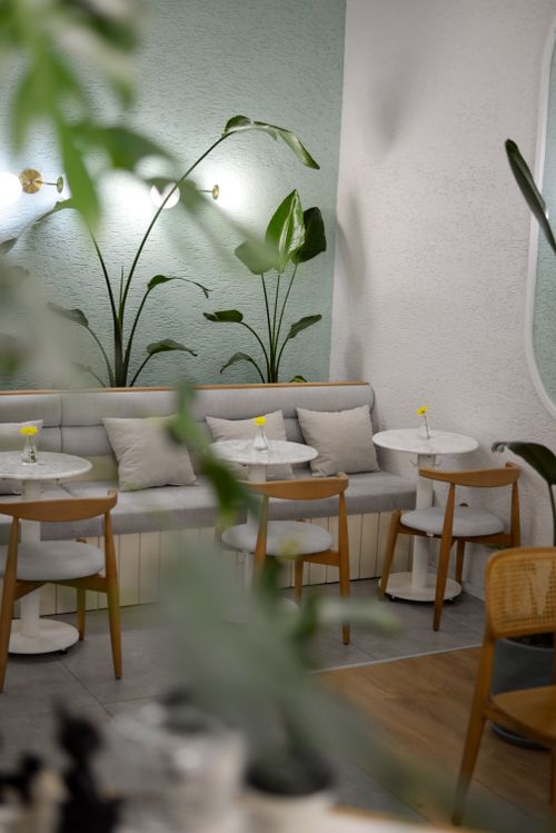 Free A modern cafe with elegant furniture, green plants, and inviting seating for a relaxing atmosphere. Stock Photo