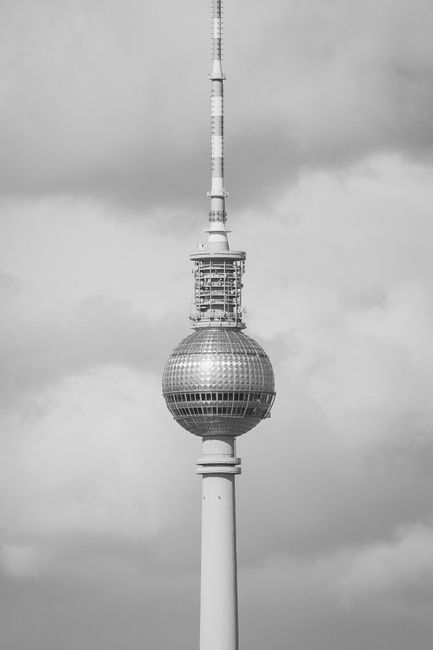 Black and white photo of the iconic Berlin TV Tower in Germany.