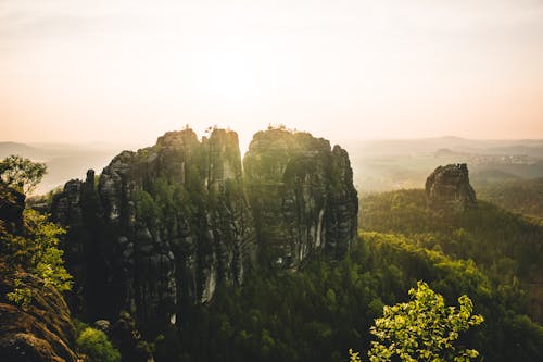 Sunset Sunlight over Rock Formations over Forest