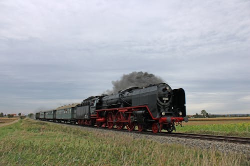 Steam Train on the Railway Riding through the Fields 