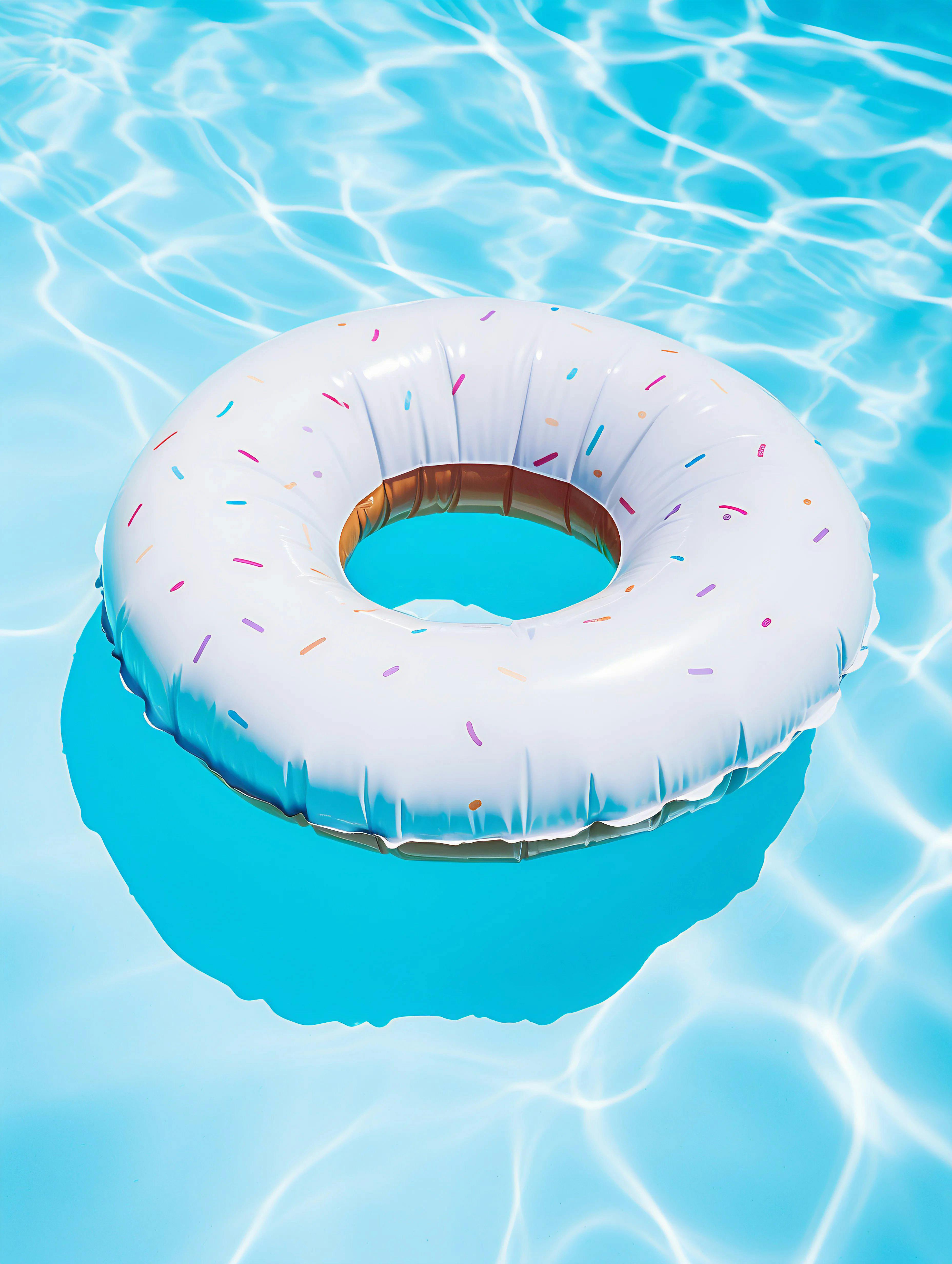 A white donut-shaped pool float with sprinkles floats in a sunlit swimming pool, evoking a fun summer vibe.