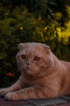 A cute Scottish Fold cat lounging in a lush garden with green foliage.