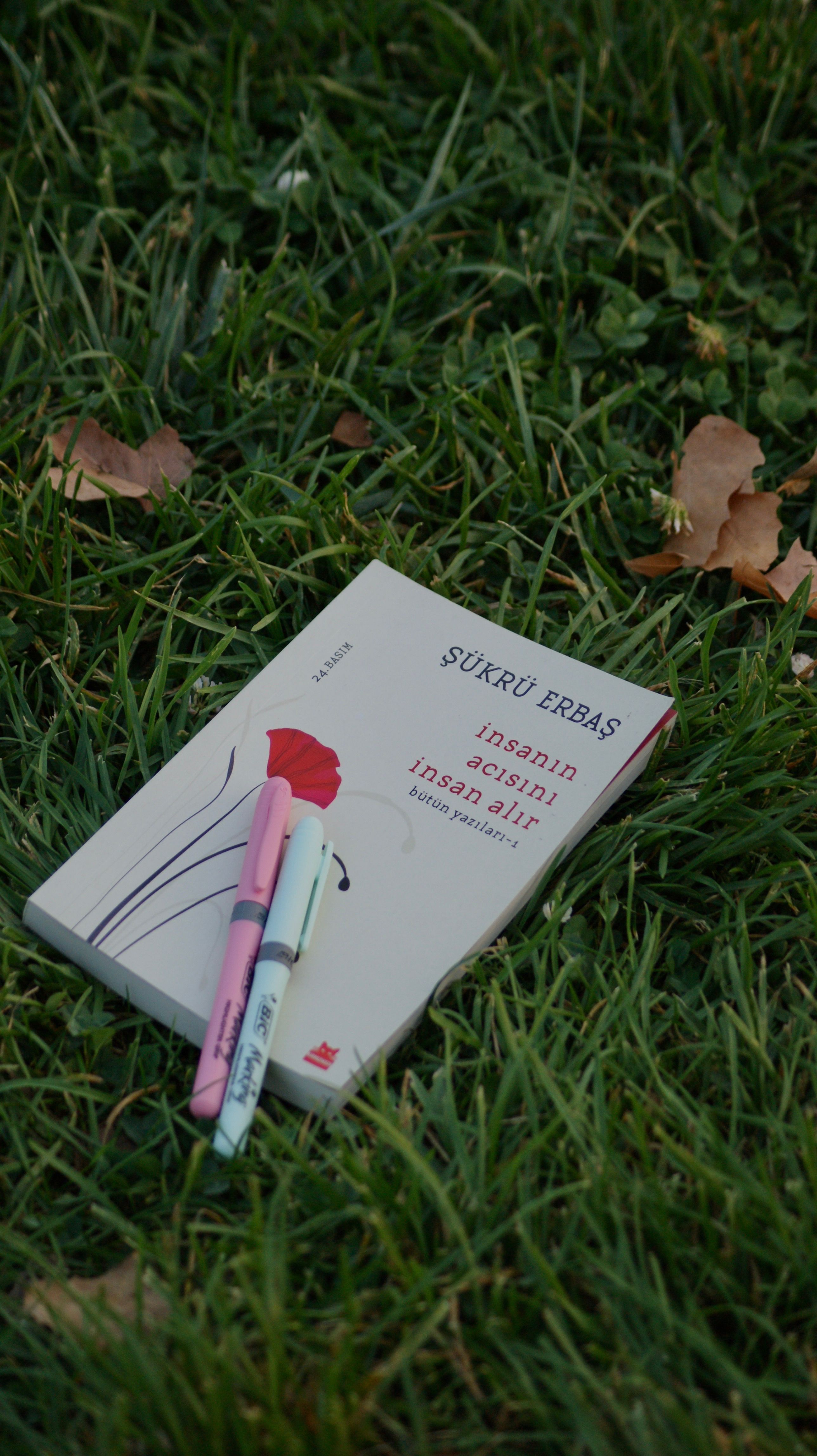 Close-up of a book with markers lying on grass, creating a serene reading ambiance.
