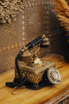 Close-up of a decorative antique rotary telephone on a wooden table with vintage decor.