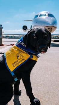 Black Labrador in service vest on airport tarmac with airplane in background.