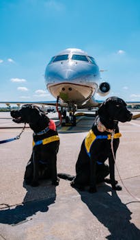 Service dogs sitting on runway in front of airplane under blue sky
