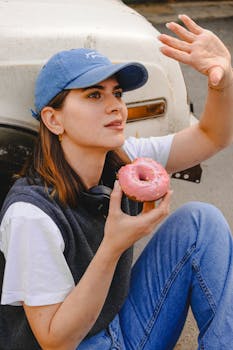 Young woman in casual clothing holding a pink donut while sitting outdoors, enjoying a relaxing moment.