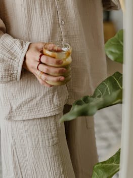 Person in pajamas holding a cappuccino glass, surrounded by indoor plants.