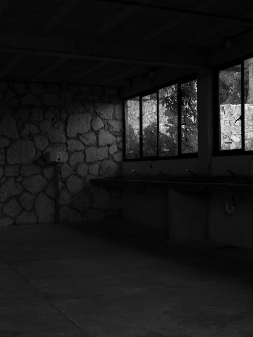 Empty Hall with Windows in Black and White