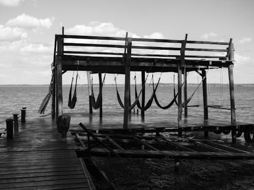Hammocks on Pier in Black and White