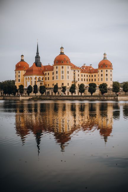 A stunning view of Moritzburg Castle reflecting in the serene lake waters, Germany.