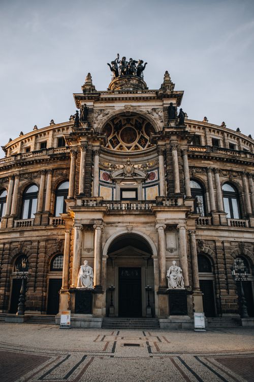 Free Stunning front view of the historic Semperoper Opera House in Dresden with its intricate architectural details. Stock Photo