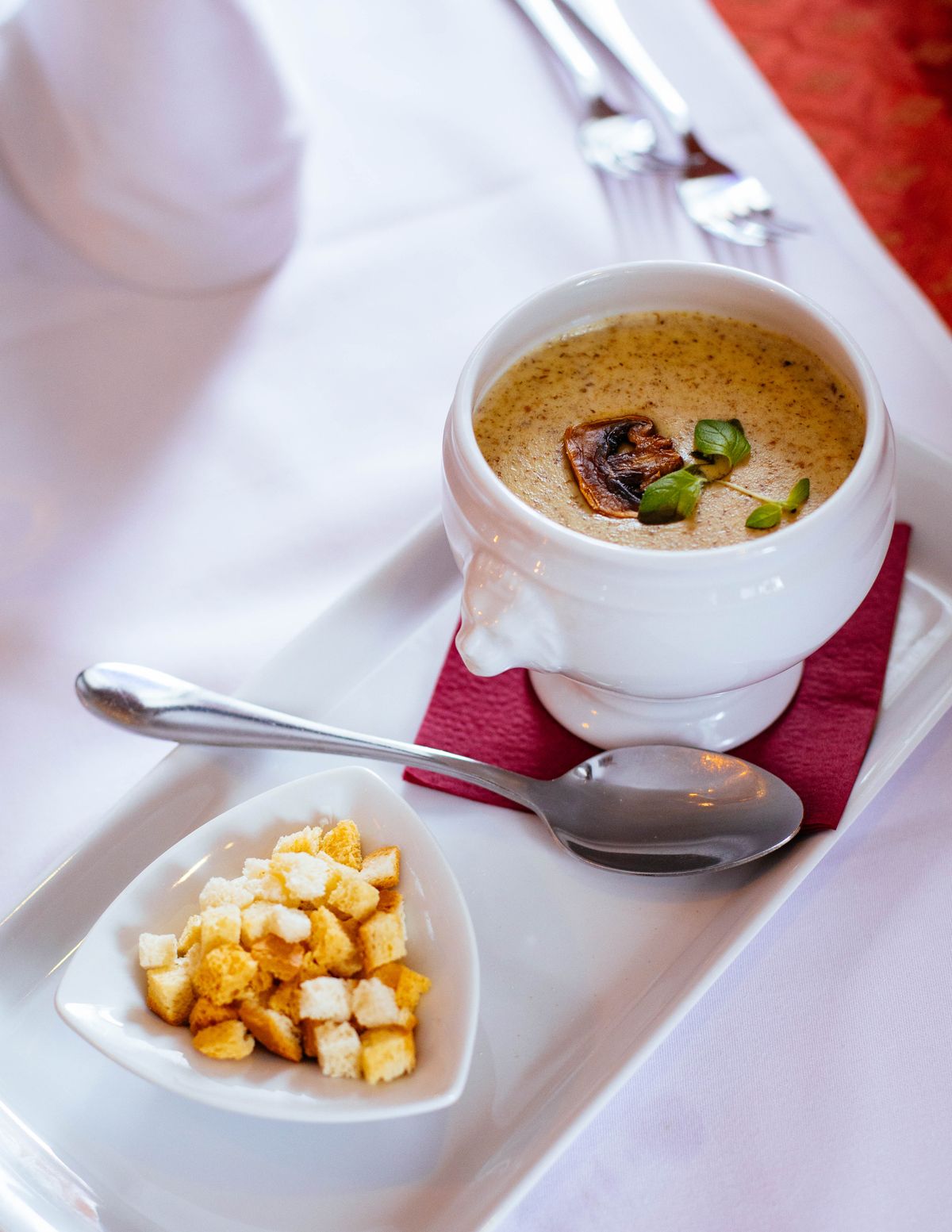 Creamy mushroom soup garnished with croutons