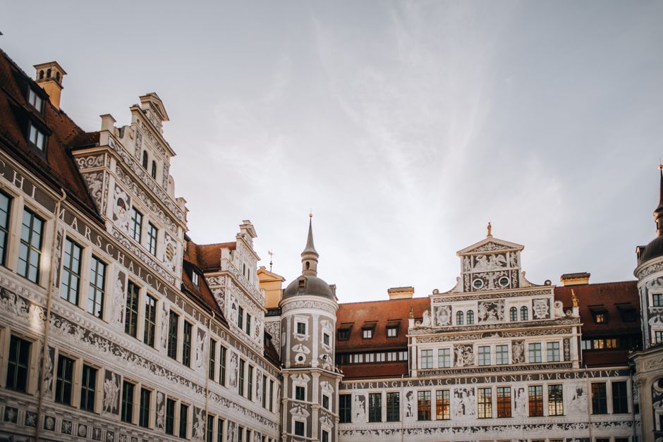 Beautiful view of the sgraffito decorated inner courtyard at Dresden Castle in Germany.
