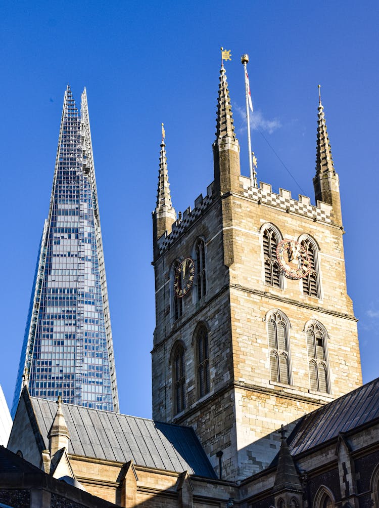 View Of The Shard Skyscraper And Southwark Cathedral Tower In London 