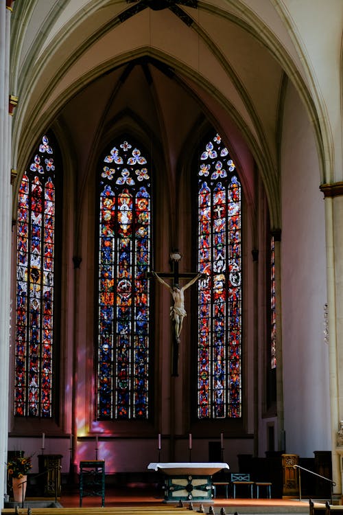 The Altar and Stained Glass Windows in a Church 