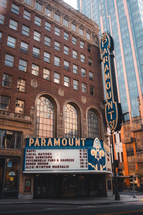 Free Vertical shot of the iconic Paramount Theater exterior showcasing its architectural beauty. Stock Photo