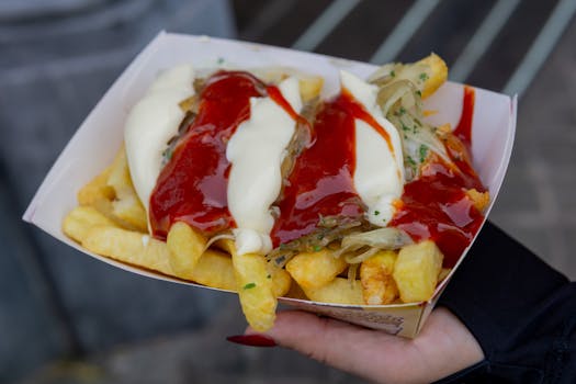 Delicious serving of French fries topped with ketchup and mayonnaise, perfect for a snack.