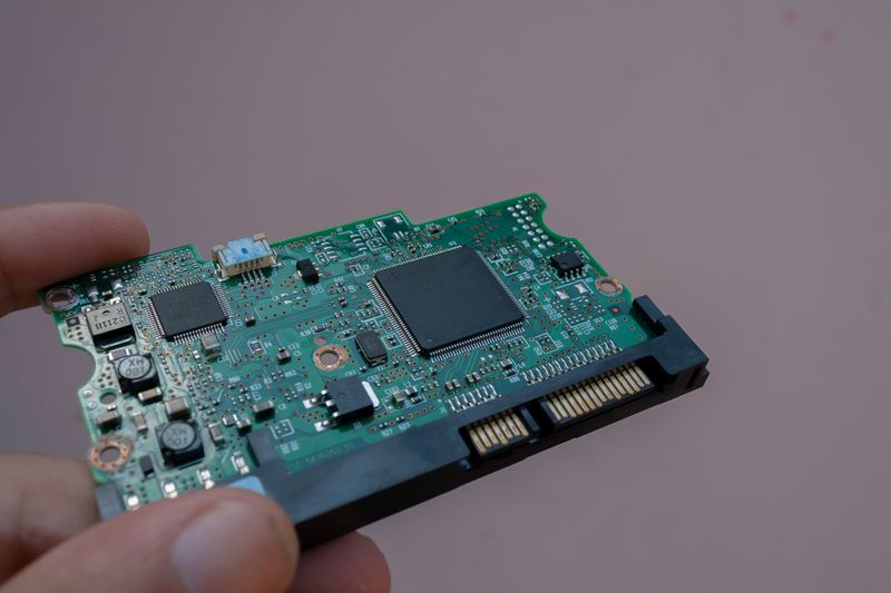 Hard drive circuit board held in a technician's hand