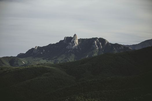 A captivating mountain landscape with a rocky peak surrounded by lush green forest during summer.