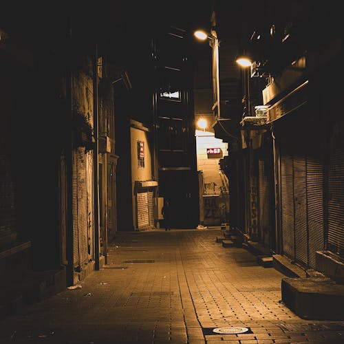 Dark Cobbled Alley with Street Lights 