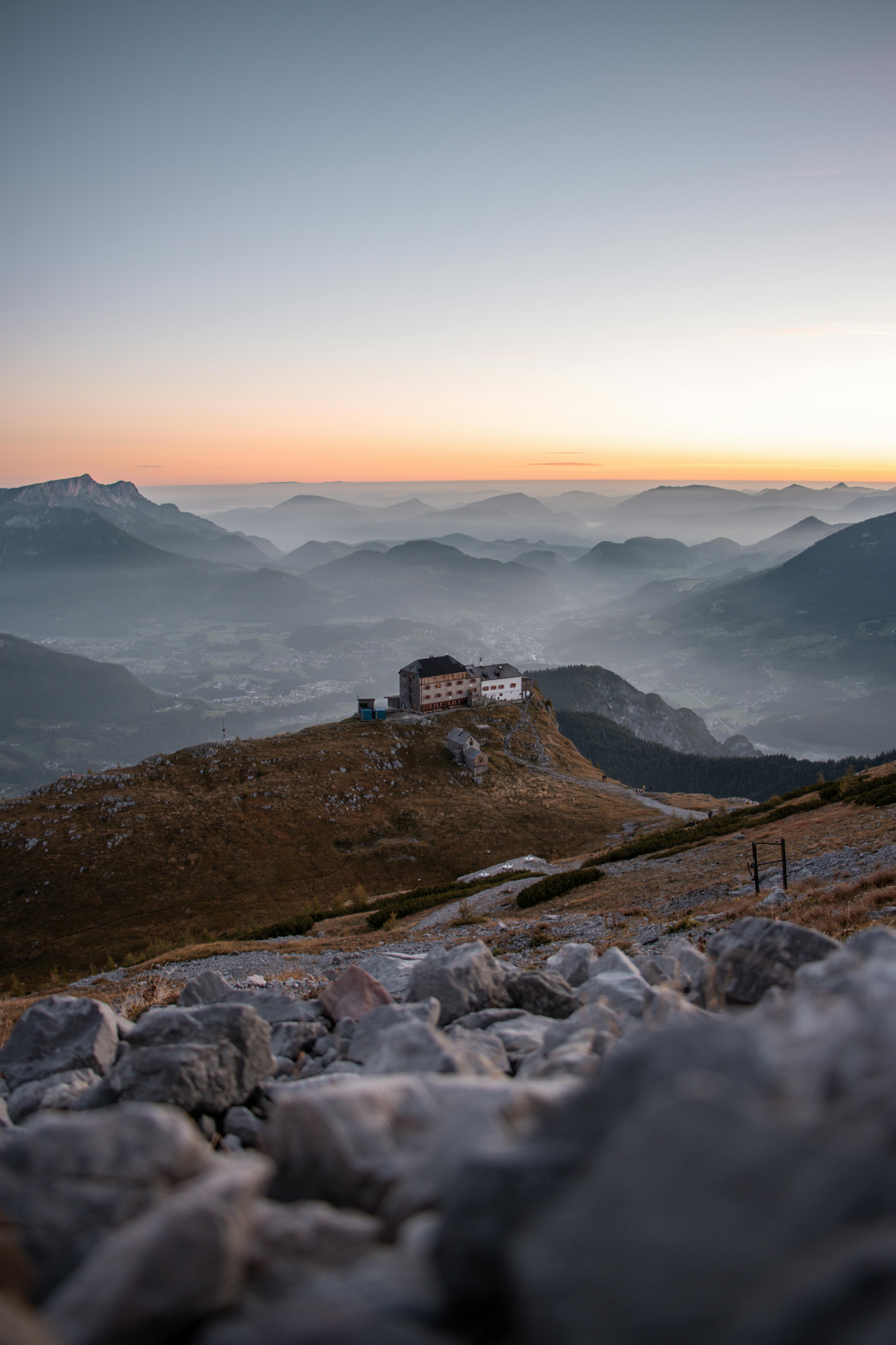 Stunning sunrise over Ramsau bei Berchtesgaden with foggy valleys and mountain peaks.