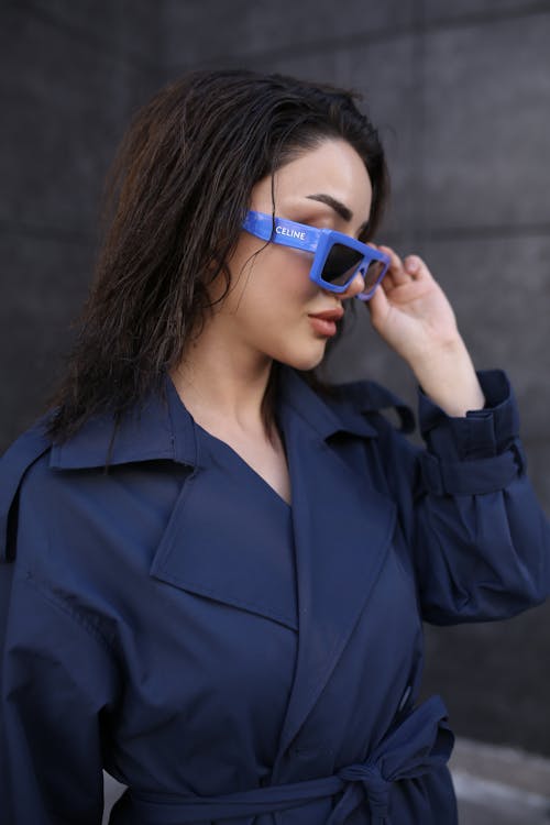 Model Wearing Blue Angular Celine Sunglasses Free Stock Photo