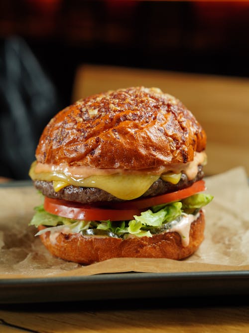 Close-Up of a Ready-to-Eat Cheeseburger