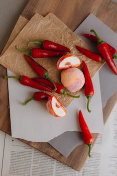 Red chili peppers and sliced fruit on rustic paper. Ideal for culinary themes.