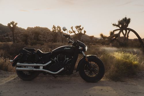 Free Black motorcycle parked in the scenic desert landscape of Joshua Tree at sunset, creating a classic adventure vibe. Stock Photo