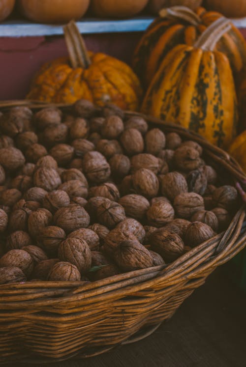 Foto stok gratis kacang kenari, Keranjang anyaman, merapatkan