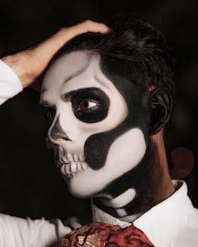 Close-up portrait of man with intricate skull makeup inspired by Dia de los Muertos.