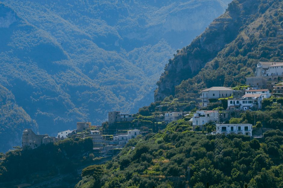 Picturesque hillside town of Ravello, Italy, featuring lush greenery and beautiful architecture.