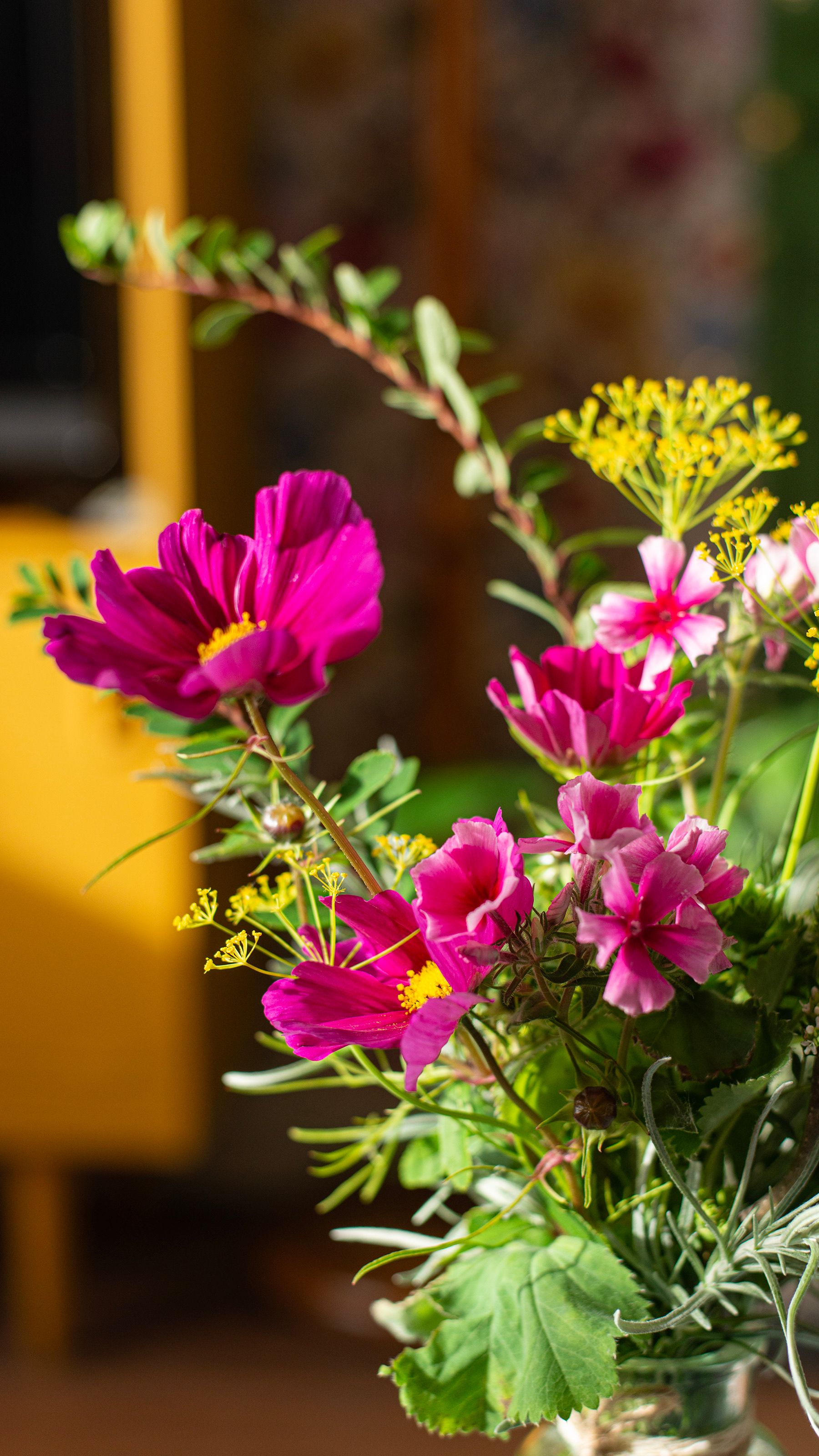 Een kleurvolle arrangement van roze tuin cosmos bloemen in een vaasje, binnenshuis, met een warme sfeer.