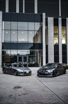 Sleek sports cars parked outside a modern glass-fronted showroom.