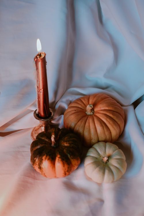 Free A cozy still life featuring pumpkins and a candle, perfect for autumn or Halloween themes. Stock Photo