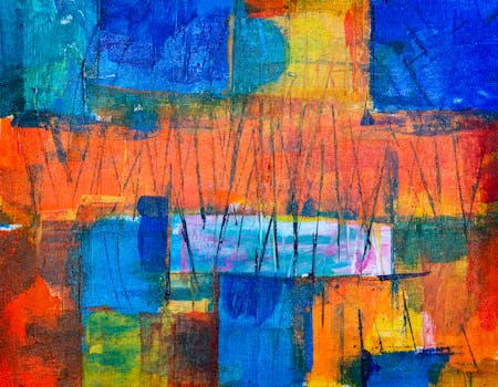 这幅抽象画色彩缤纷，图案质感丰富，色彩鲜艳