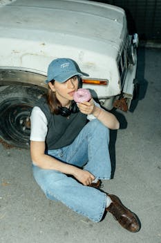 Woman in street fashion poses with donut by an old car in urban setting.